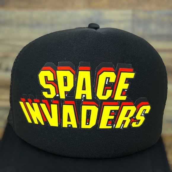 Space Invaders Mens Trucker Hat Black Snapback 80s Atari Retro Video Game Cap - Picture 2 of 6